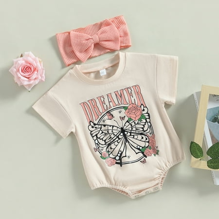 Lamuusaa Baby Girls Romper Set Short Sleeve Crew Neck Letters Butterfly Flower Print Romper with Bowknot Headband
Lamuusaa Baby Girls Romper Set Short Sleeve Crew Neck Letters Butterfly Flower Print Romper with Bowknot Headband