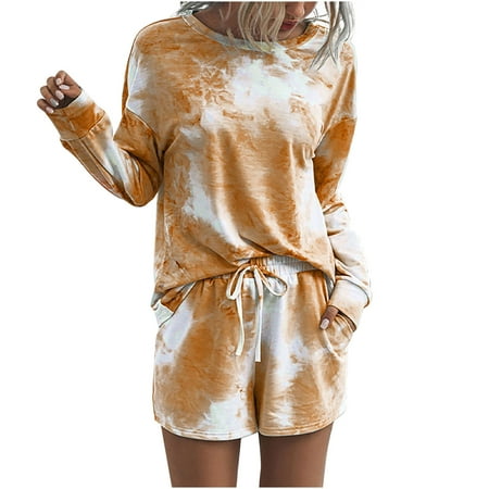 Women s Pajama Sets Casual Soft Tie Dye Crewneck Long Sleeve and Drawstring Shorts Lounge Set Sleepwear with Pockets
Women s Pajama Sets Casual Soft Tie Dye Crewneck Long Sleeve and Drawstring Shorts Lounge Set Sleepwear with Pockets