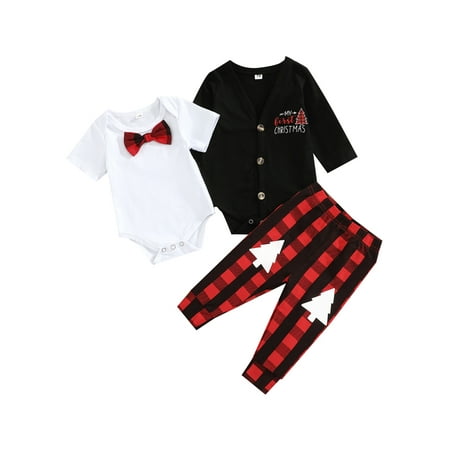 Musuos Baby Christmas Clothes Set V-neck Coat+Romper+Plaid Print Trousers