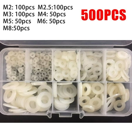 500Pcs Nylon Flat Washer Assortment Kit M2 M2.5 M3 M4 M5 M6 M8 Screw/Bolt