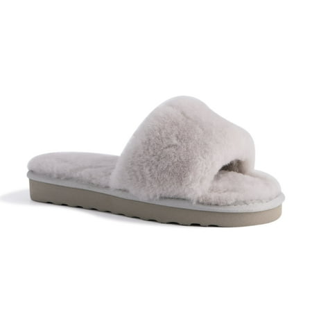 Aus Wooli Australia Womens Sheepskin Fluff Slide Slippers - Light Grey