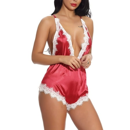 KOOYI Women s Underwear Pajamas Deep V-neck Silk Bodysuit Lace Sexy Lingerie Valentine s Nightgown Pajamas Red / L