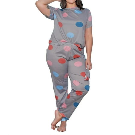 Womens Plus Pajamas Sets Polka Dot Pant Sets Sleepwear PJ Set Grey 3XL