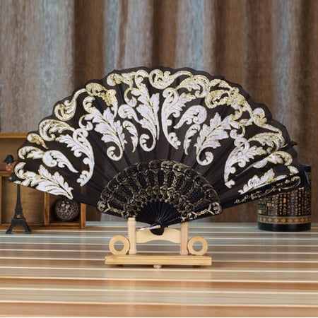 Tiitstoy Chinese Style Dance Wedding Party Lace Silk Folding Hand Held Flower Fan Black