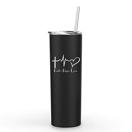 20 oz Skinny Tall Tumbler Stainless Steel Vacuum Insulated Travel Mug With Straw Faith Hope Love EKG Christian (Black)
