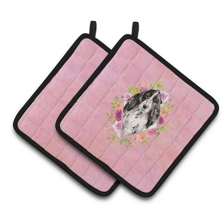 7.5 x 7.5 in. Black Parti Cocker Spaniel Pink Flowers Pair of Pot Holders