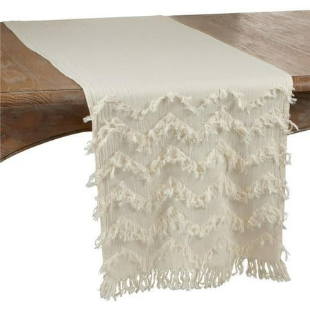 SARO 16 x 72 in. Oblong Chevron Table Runner with Ivory Fringe Design