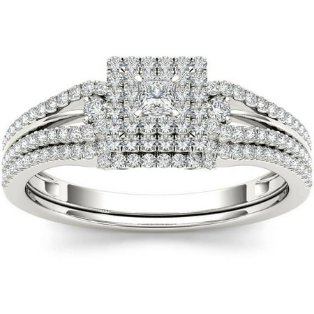 1/2 Carat T.W. Diamond Cluster Double Halo 10kt White Gold Engagement Ring Set