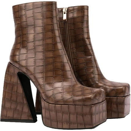 Women s Snakeskin Chunky 4.92in Heel Crocodile Pull On Mid Calf Boots