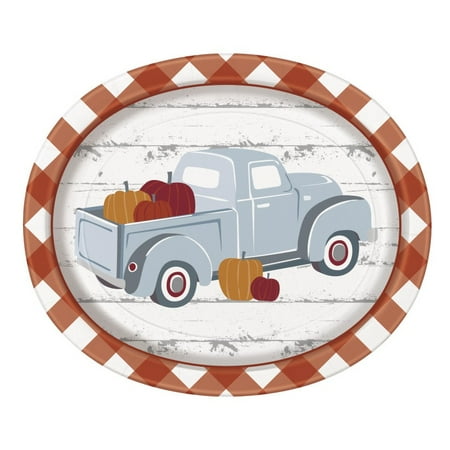 Orange Pumpkin Gingham Truck Fall Thanksgiving 8 Ct Oval Banquet Platters