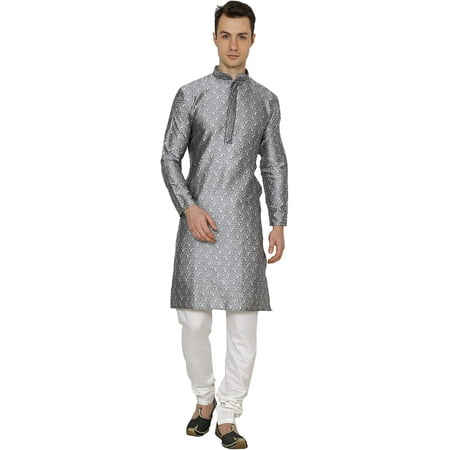 Royal Men s Jacqaurd Silk Embroidered Kurta Pyjama Set (40 Grey)