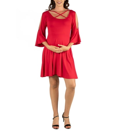 24seven Comfort Apparel Criss Cross Neckline Cold Shoulder Maternity Dress