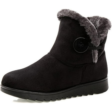 Womens Cuffed Fur Lined Side Buckle Ankle Pull On Flat Winter Shoe Boots