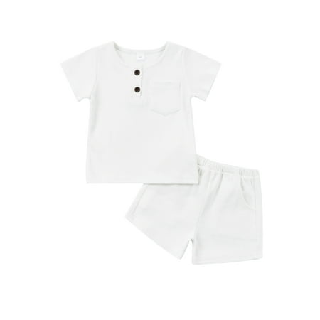 Frobukio Kids Infant Boys 2Pcs Clothes Sets Solid Short Sleeved Round Neck Tops Elastic Waist Shorts Outfits White 6-12 Months
Frobukio Kids Infant Boys 2Pcs Clothes Sets Solid Short Sleeved Round Neck Tops Elastic Waist Shorts Outfits White 6-12 Months