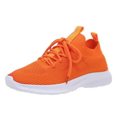 

SEMIMAY Fashion Spring And Summer Women Sports Shoes Flat Bottom Lightweight Flying Woven Mesh Breathable Comfortable Solid Color Lace Up Orange