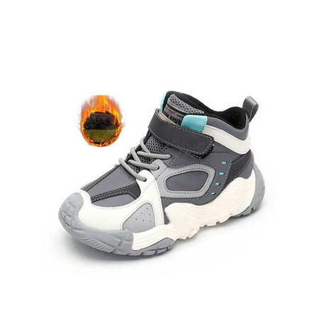 Avamo Unisex Kids Sneaker Round Toe Sneakers Plush Lined Running Shoes School Winter Shoe Hiking Keep Warm Hook And Loop Gray with Plush 6.5Y