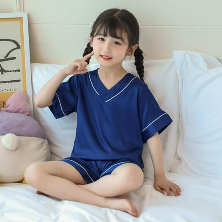 Esaierr Toddler Girls Satin Pajamas Short Sleeve Shorts Pajamas V-Neck Pajamas