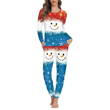 

NETILGEN Abstract Xmas Snowman Design Print Long Sleeve Pj Set for Women Plus Size 2 Pack Pajamas for Women Set Cotton Loungewear Women Nightwear Pajama Sets