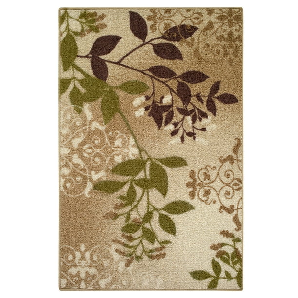 Mainstays Machine Washable Belvedere Leaves Area Rug, Tan, 2'6"x3'10"