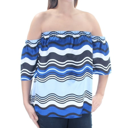INC Womens Blue Striped Short Sleeve Off Shoulder Top Size: L