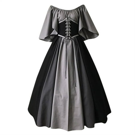 

Dress with Corset Flare Sleeve Traditional Dress Contrast Color Short Sleeve O-Neck Lace-up Medievals Vintage Dresses Black_005 L