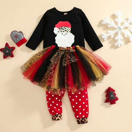 FZM Christmas Toddler Kids Girls Chiristmas Prints Long Sleeves Top Mesh Skirt Pants Outfit Set Cloths