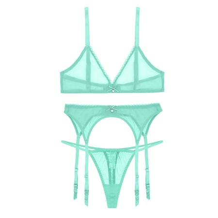 Varsbaby Women s Solid Mesh Bra Thongs and Garter Belt Lingerie Set