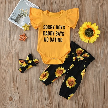 DENGDENG Newborn Infant Baby Toddler Clothes Flying Sleeve Ruffle Letter Bodysuit + Sunflower Pants Headwear 3 Pieces Summer Clothes Set
DENGDENG Newborn Infant Baby Toddler Clothes Flying Sleeve Ruffle Letter Bodysuit + Sunflower Pants Headwear 3 Pieces Summer Clothes Set