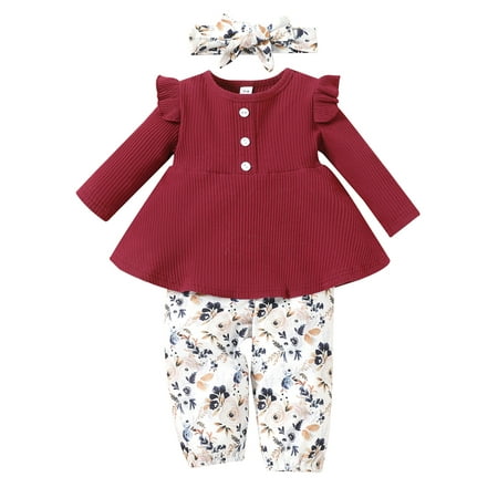 Mieeyali Baby 3Pcs Fall Outfits Long Sleeve Button Front Rib Knit Tops + Floral Pants + Headband Set
Mieeyali Baby 3Pcs Fall Outfits Long Sleeve Button Front Rib Knit Tops + Floral Pants + Headband Set