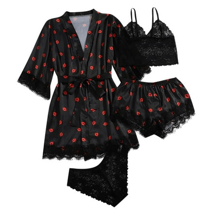 Women s Satin Pajama Set 4pcs Floral Lace Trim Cami Tops Shorts Lingerie Pjs Sets Homewear Sleepwear with Robe