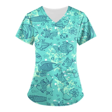 

Sksloeg Scrub Top For Women Fashion 2023 Cartoon Printed Animal Patterned Tops Nursing Working Uniform Short Sleeve T-Shirts With Pockets Light Blue S