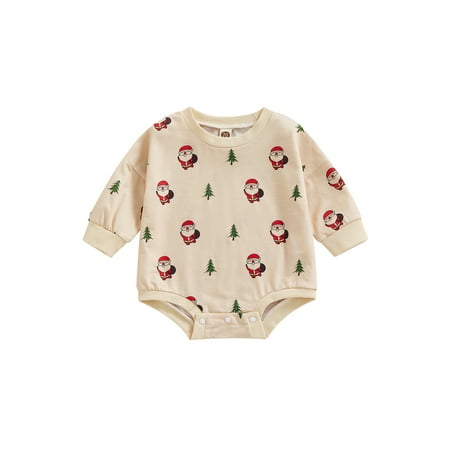 Lieserram Infant Baby Christmas Jumpsuit Cartoon Santa Claus Tree Print Long Sleeve Round Neck Short Romper for Boys Girls