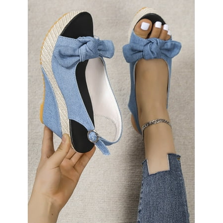 Denim Bow Decor Slingback Wedge Sandals Women‘s Footwear