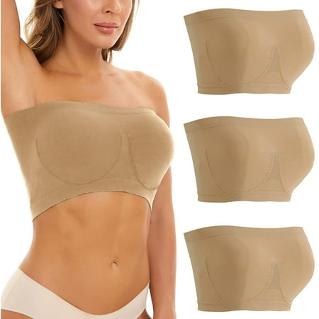 3PCS Women s Bandeau Top Large Sizes Strapless Bra(M Khaki)