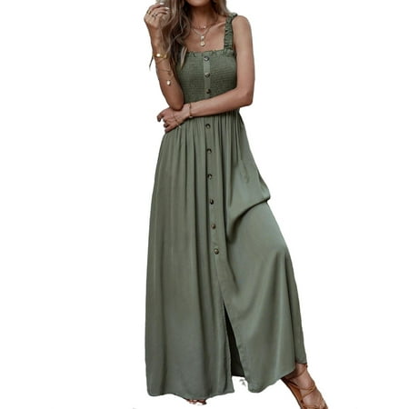 Womens Solid Shirred Split Cami Dress Army Green M