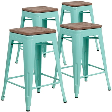 Flash Furniture 4 Pk. 24" High Backless Mint Green Counter Height Stool with Square Wood Seat