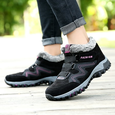 Foraging dimple Winter Women s Leather Warm Thick Plush Snow Boots Waterproof Female Wedge Suede Boots Non-Slip Lady Shoes Black