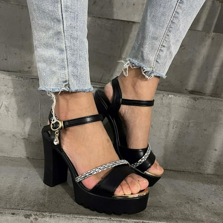 HIBRO Ladies Fashion Rhinestones Leather Fish Mouth Thick Sole High Heel Buckle Sandals