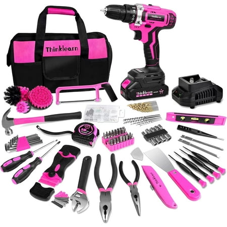 Generic Pink Tool Kit with 20V Cordless Drill(265in-lbs), Pink Drill Set for Women,Lady's Home Tool Kit for DIY