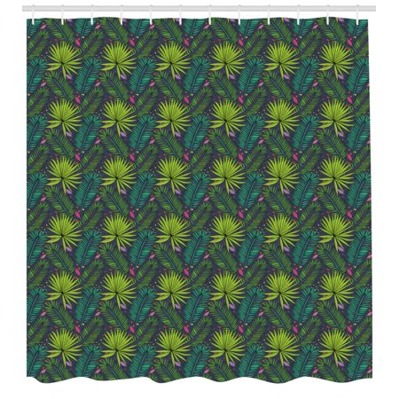 Tropical Shower Curtain, Tropical Leaves in Sketch Style Aralia and Fern Inspired Foliage Spotted Backdrop, Fabric Bathroom Set with Hooks, 69W X 70L Inches, Multicolor, by Ambesonne