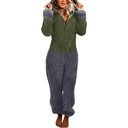 Egmy Women Long Sleeve Hooded Jumpsuit Pajamas Casual Winter Warm Rompe Sleepwear