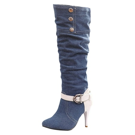 

Entyinea Knee High Boots Ladies Autumn Long Tube Zipper Low Heeled Shoes Boots Pointed Boots Knight Boots Blue 39