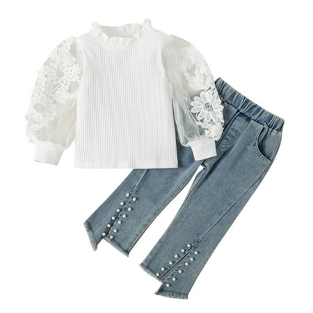 Baby Girls Outfit Sets Puff Sleeve Flower Lace Ribbed T Shirt Tops Crop Denim Jeans Long Pants 2Pcs Outfits Clothes Set
Baby Girls Outfit Sets Puff Sleeve Flower Lace Ribbed T Shirt Tops Crop Denim Jeans Long Pants 2Pcs Outfits Clothes Set