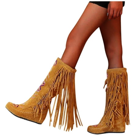 Cathalem Women Thigh High Boots with Heels Flock Long Style Boots Fashion Woman Tassel Chinese Flat High Women Nation Heels Shoes Yellow 6.5