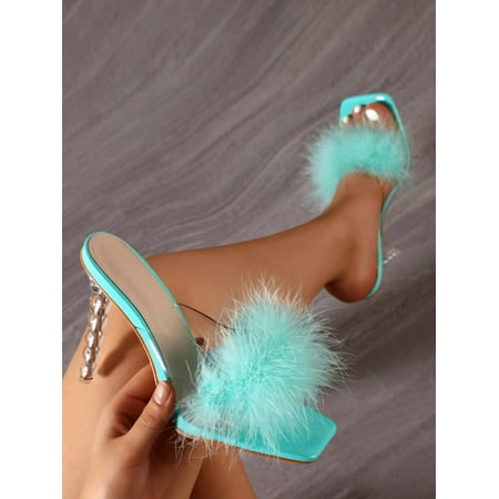 Contrast Faux Fur Sculptural Heeled Mule Sandals Women‘s Footwear
