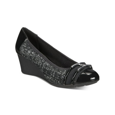IMPO Womens Black Hardware Detail Stretch Jada Round Toe Wedge Slip On Pumps 8 M