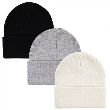 Hudson Baby Unisex Knit Cuffed Beanie 3pk Cream Black Adult