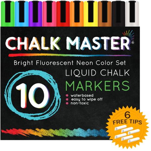 10 Color 6mm Chalkmaster Liquid Chalk Markers Neon Pen Set + 6 Reversible Tips