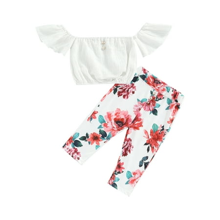 Suanret Toddler Kids Girls Pants Set Off-shoulder Solid Tops with Elastic Waist Flower Print Pants Summer Outfit White 18-24 Months
Suanret Toddler Kids Girls Pants Set Off-shoulder Solid Tops with Elastic Waist Flower Print Pants Summer Outfit White 18-24 Months