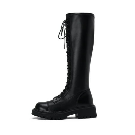 Solid Color Knee Boots Women‘s Fashion Faux Leather Round Toe Lace-up Side Zip Combat Boots
Solid Color Knee Boots Women‘s Fashion Faux Leather Round Toe Lace-up Side Zip Combat Boots